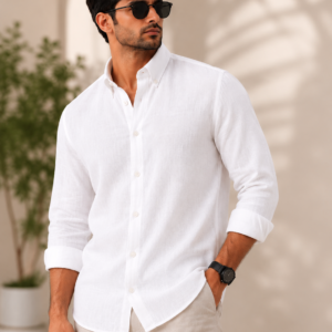 Men's white cotton linen pocket-free shirt with button-down collar.