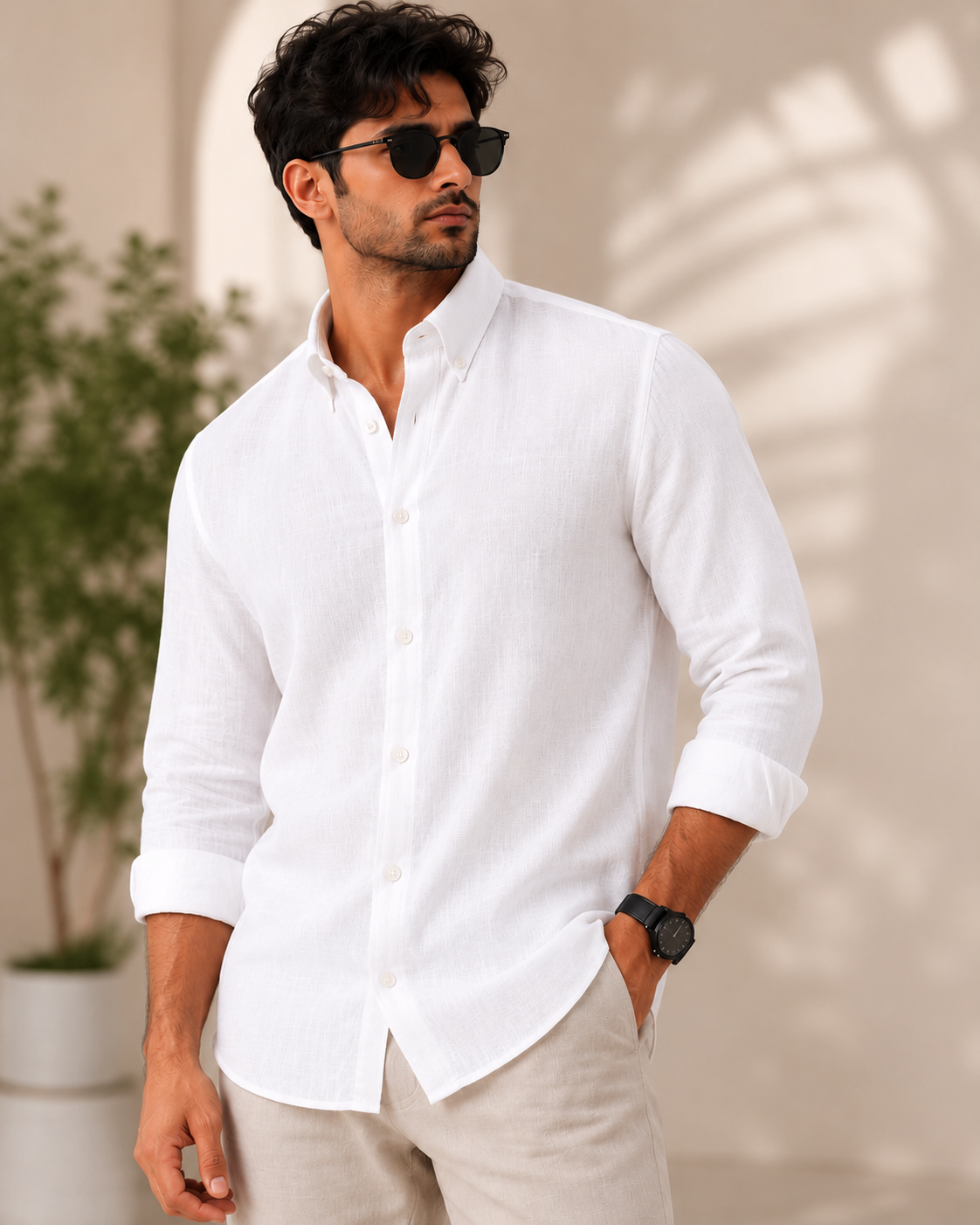 White Cotton Linen Shirt for Men | Tailored Fit | Itcha Men's white cotton linen pocket-free shirt with button-down collar.