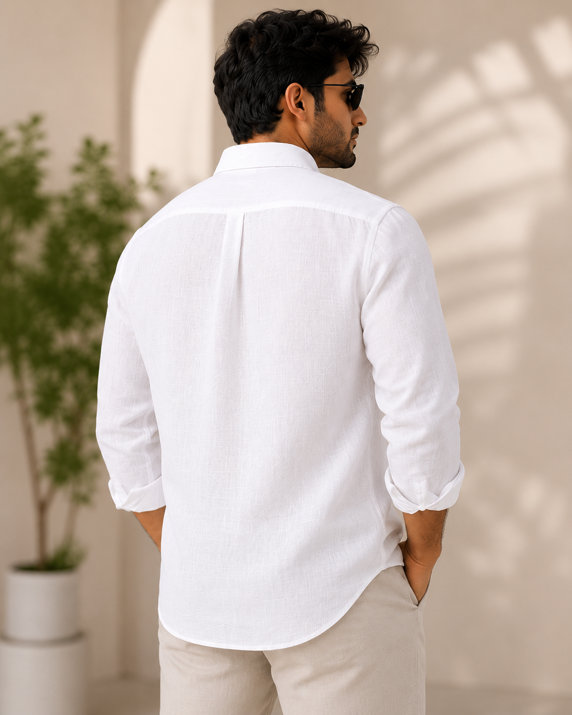 White Cotton Linen Shirt for Men | Tailored Fit | Itcha Men's white cotton linen pocket-free shirt with button-down collar.