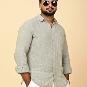 Home Man wearing a premium sage green pure linen full sleeve shirt with a classic collar and relaxed fit.