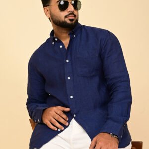 Itcha men's premium navy blue pure linen full sleeve shirt with button-down collar, chest pocket, and breathable natural fabric