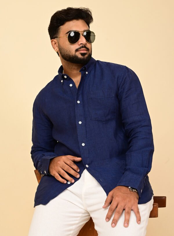 Home Itcha men's premium navy blue pure linen full sleeve shirt with button-down collar, chest pocket, and breathable natural fabric