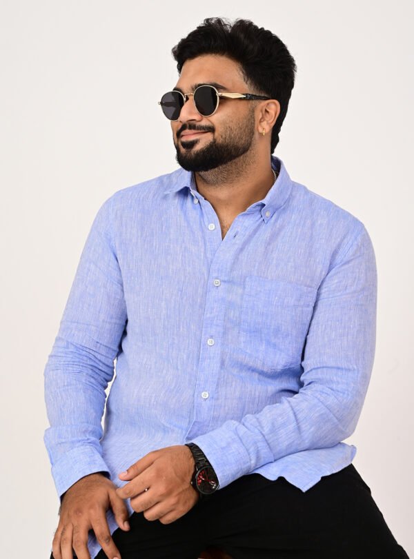 Home Sky blue pure linen shirt for men crafted from breathable natural linen fabric.