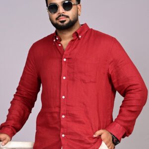 Elegant wine red linen shirt for men with a button-down collar.