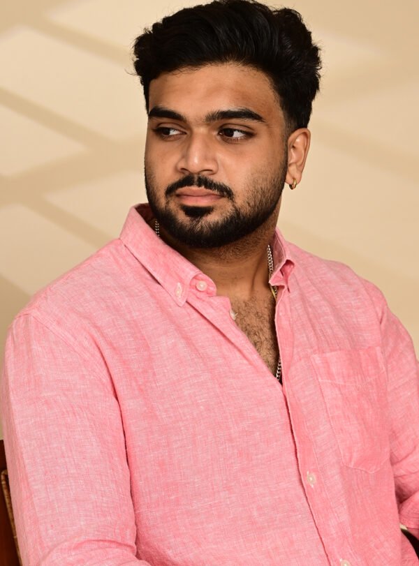 Home Premium coral pink linen shirt featuring a classic fit and soft natural texture