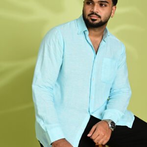 Elegant men's sky blue pure linen shirt perfect for casual and semi-formal occasions.