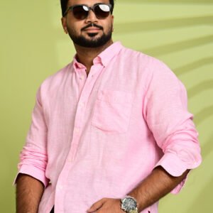 Luxury blush pink linen shirt with full sleeves and premium tailoring.