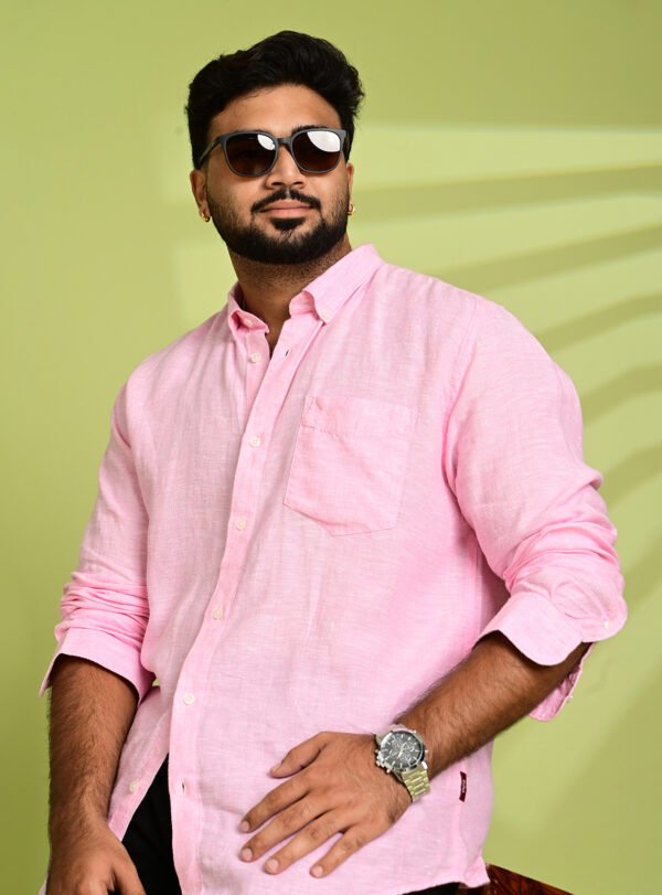 Home Luxury blush pink linen shirt with full sleeves and premium tailoring.