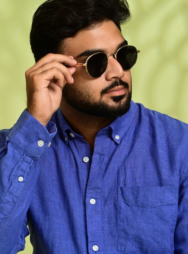 Home Men's royal blue linen shirt close-up showcasing premium craftsmanship.