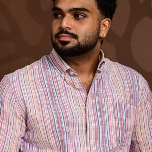 multicolor striped pure linen shirt with button-down collar and chest pocket close-up.