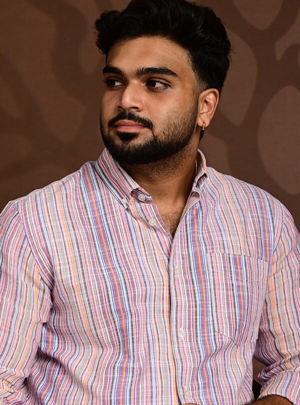 Home multicolor striped pure linen shirt with button-down collar and chest pocket close-up.