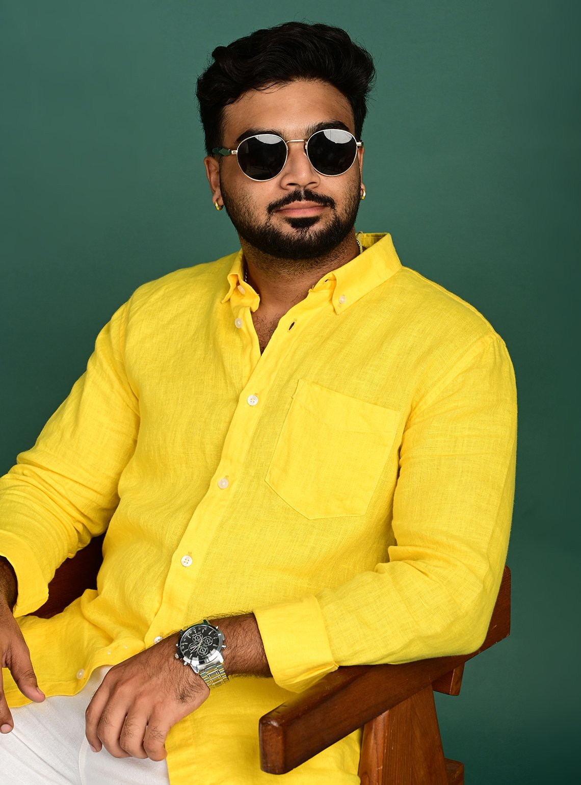 Luxury Men's Yellow Linen Shirt | Premium Summer Casual Wear Men wearing a bright yellow pure linen full sleeve shirt with button-down collar and chest pocket.